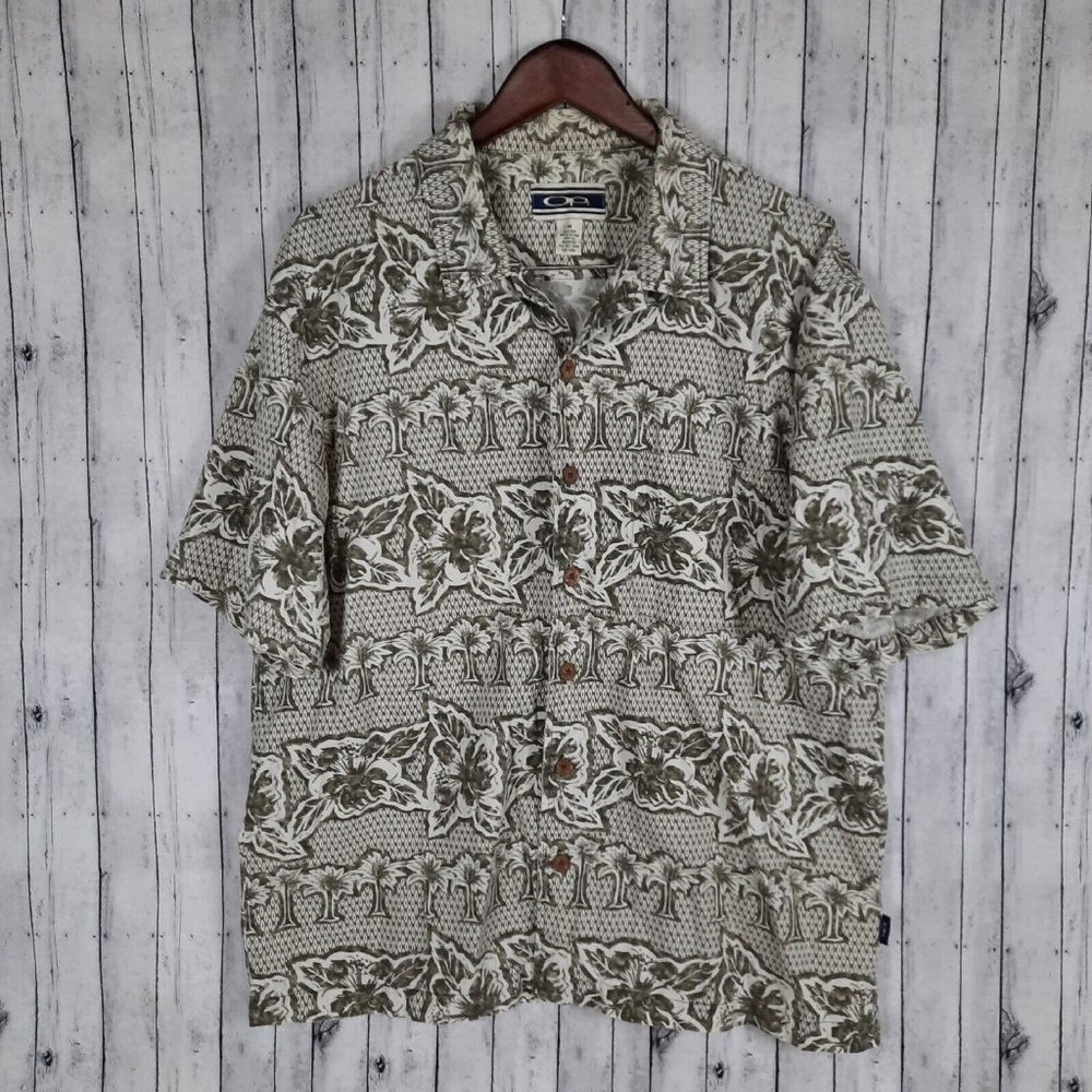 Vintage Ocean Pacific Hawaiian Shirt Mens Medium Green & Beige Palms Floral